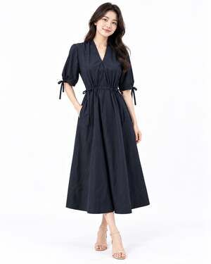 The Fold Cotton Navy Blue Midi Dress